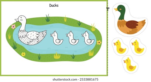 Juego de corte y pegamento con lindo pato madre y sus patitos bebé en el estanque. Página de actividad educativa para niños. Juego a juego para la escuela y preescolar. Ilustración vectorial