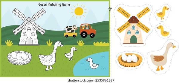 Cortar y pegar el juego con una linda madre ganso y sus pollitos de bebé. Página de actividad educativa para niños. Juego a juego para la escuela y preescolar. Ilustración vectorial