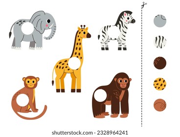 Cut and glue game for kids with African animals. Cutting practice for preschoolers. 