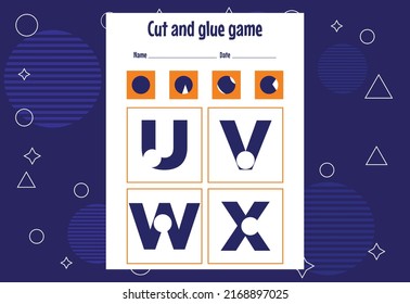 Cut and glue game for kids with Alphabet. Cutting practice for preschoolers. Education paper game for children