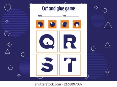 Cut and glue game for kids with Alphabet. Cutting practice for preschoolers. Education paper game for children