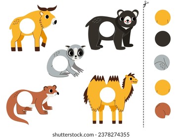 Cut and glue game for kids with Asian animals. Cutting practice for preschoolers. 