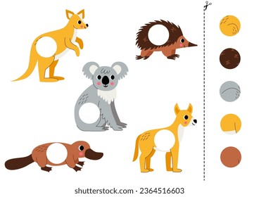 Cut and glue game for kids with Australian animals. Cutting practice for preschoolers. 