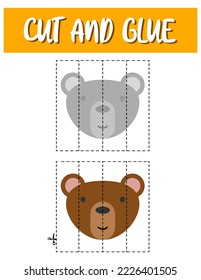Cut and glue game for kids . Bear puzzles. Children funny entertainment and amusement.Vector illustration. Cutting practice for preschoolers