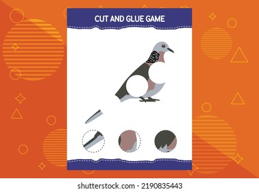 Cut and glue game for kids with birds. Cutting practice for preschoolers. Education worksheet.