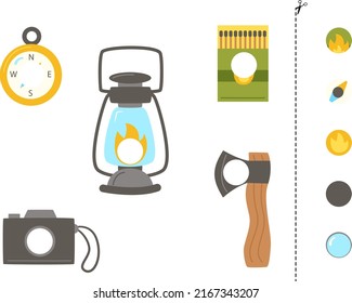 Cut and glue game for kids with camping elements. Cutting practice for preschoolers. 