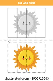 Cut and glue game for kids. Cartoon Sun. Cutting practice for preschoolers. Educational worksheet for kids.