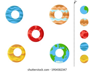 Cut and glue game for kids with cartoon planets of solar system. Cutting practice for preschoolers. 