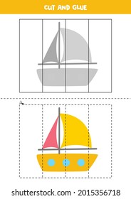 Cut and glue game for kids with cartoon yacht. Cutting practice for preschoolers. 