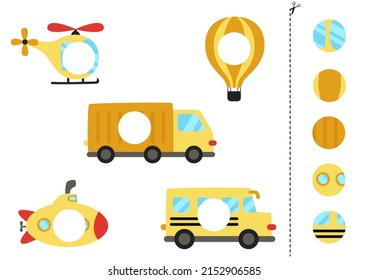 Cut and glue game for kids with cartoon transportation means. Cutting practice for preschoolers. 