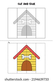 Cut And Glue Game For Kids With Cartoon Doghouse. Cutting Practice For Preschoolers. 