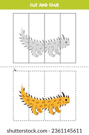 Cut and glue game for kids with cartoon thorny devil. Cutting practice for preschoolers. 