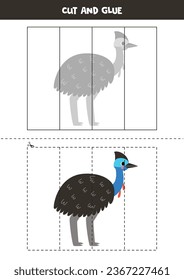 Cut and glue game for kids with cartoon cassowary. Cutting practice for preschoolers. 