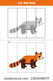 Cut and glue game for kids with cartoon red panda. Cutting practice for preschoolers. 