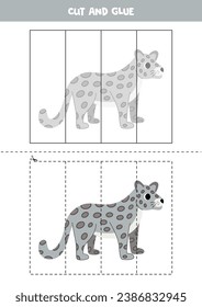 Cut and glue game for kids with cartoon snow leopard. Cutting practice for preschoolers. 