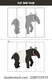 Cut and glue game for kids with cartoon tapir. Cutting practice for preschoolers. 