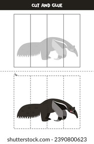Cut and glue game for kids with cartoon giant anteater. Cutting practice for preschoolers. 