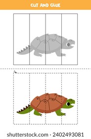 Cut and glue game for kids with cartoon caiman turtle . Cutting practice for preschoolers. 