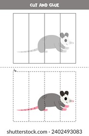 Cut and glue game for kids with cartoon gray opossum. Cutting practice for preschoolers. 