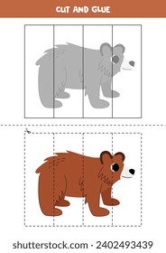 Cut and glue game for kids with cartoon grizzly bear . Cutting practice for preschoolers. 