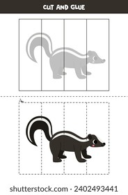 Cut and glue game for kids with cartoon skunk. Cutting practice for preschoolers. 