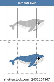 Cut and glue game for kids with cartoon humpback whale. Cutting practice for preschoolers.