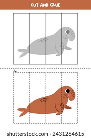 Cut and glue game for kids with cartoon elephant seal. Cutting practice for preschoolers.