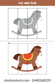 Cut and glue game for kids with cartoon rocking horse. Cutting practice for preschoolers. 