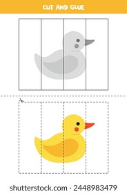 Cut and glue game for kids with cartoon yellow rubber duck. Cutting practice for preschoolers. 