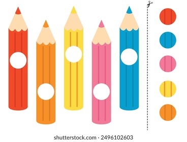 Cut and glue game for kids with cartoon colored pencils. Cutting practice for preschoolers. 