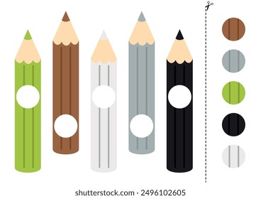 Cut and glue game for kids with cartoon colored pencils. Cutting practice for preschoolers. 