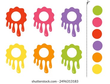 Cut and glue game for kids with cartoon colorful blobs. Cutting practice for preschoolers. 