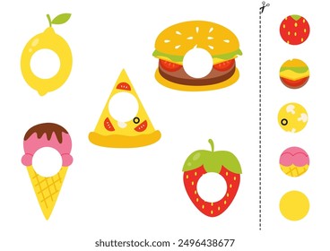 Cut and glue game for kids with cartoon food. Cutting practice for preschoolers. 