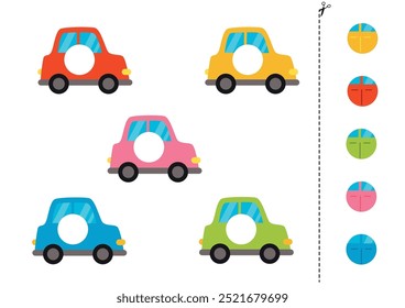 Cut and glue game for kids with cartoon colourful cars. Cutting practice for preschoolers. 