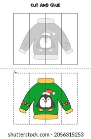 Cut and glue game for kids with Christmas ugly sweater. Cutting practice for preschoolers. 
