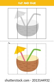 Cut and glue game for kids with coconut cocktail. Cutting practice for preschoolers. 