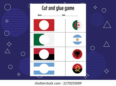 Cut and glue game for kids with country flag. Cutting practice for preschoolers.