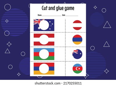 Cut and glue game for kids with country flag. Cutting practice for preschoolers.