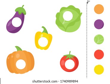 Cut and glue game for kids. Cute cartoon vegetables. Match parts of the pictures. Logical worksheet for kids. 