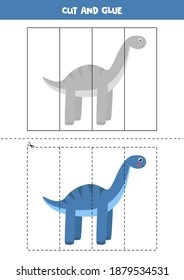 Cut and glue game for kids. Cute blue dinosaur. Cutting practice for preschoolers. Educational worksheet for kids.