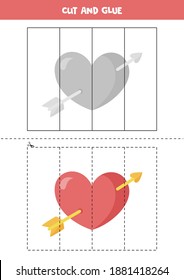 Cut and glue game for kids. Cute heart with arrow. Cutting practice for preschoolers. Educational worksheet.