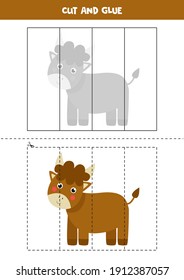 Cut And Glue Game For Kids With Cute Bull. Cutting Practice For Preschoolers. 