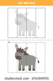 Cut and glue game for kids with cute donkey. Cutting practice for preschoolers. 