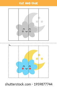 Cut and glue game for kids with cute cloud and moon. Cutting practice for preschoolers. 