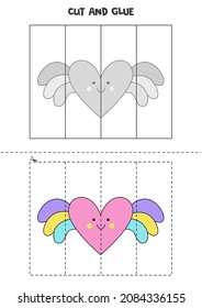 Cut and glue game for kids with cute flying heart. Cutting practice for preschoolers. 