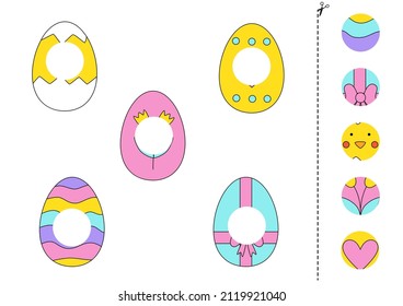 Cut and glue game for kids with cute Easter eggs. Cutting practice for preschoolers. 