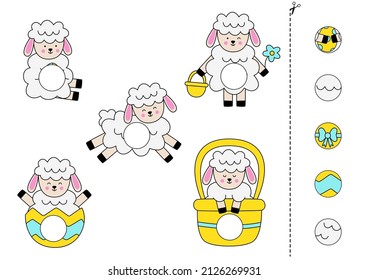 Cut and glue game for kids with cute Easter sheep. Cutting practice for preschoolers. 