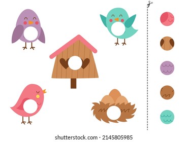 Cut and glue game for kids with cute bird and nest. Cutting practice for preschoolers. 