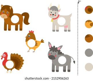 Cut and glue game for kids with cute cartoon farm animals. Cutting practice for preschoolers. 