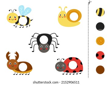 Juego de corte y pegamento para niños con insectos adorables de dibujos animados. Práctica de corte para preescolares. 